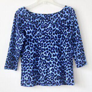 Rafaella Studio Ultramarine Blue Leopard Print Boat Neck 3/4 Sleeve Blouse Large